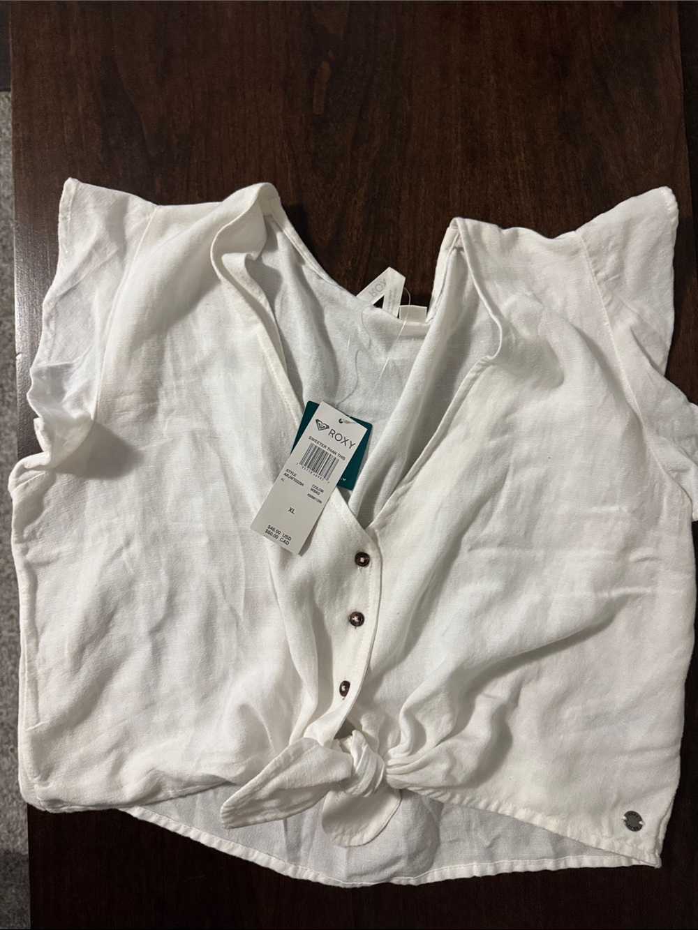 Roxy White Tie-Front Crop Top with Ruffle Sleeves
